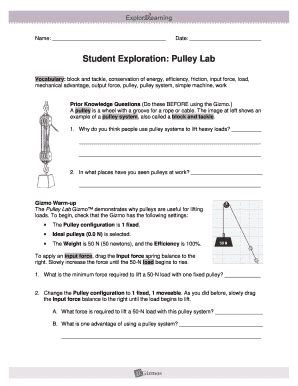 Sample Answer Key: Object Weight: 100 grams. Effort Force (1 Pulley): 100 grams. Mechanical Advantage (1 Pulley): 1. Efficiency (1 Pulley): 100% Effort Force (2 Pulleys): …
